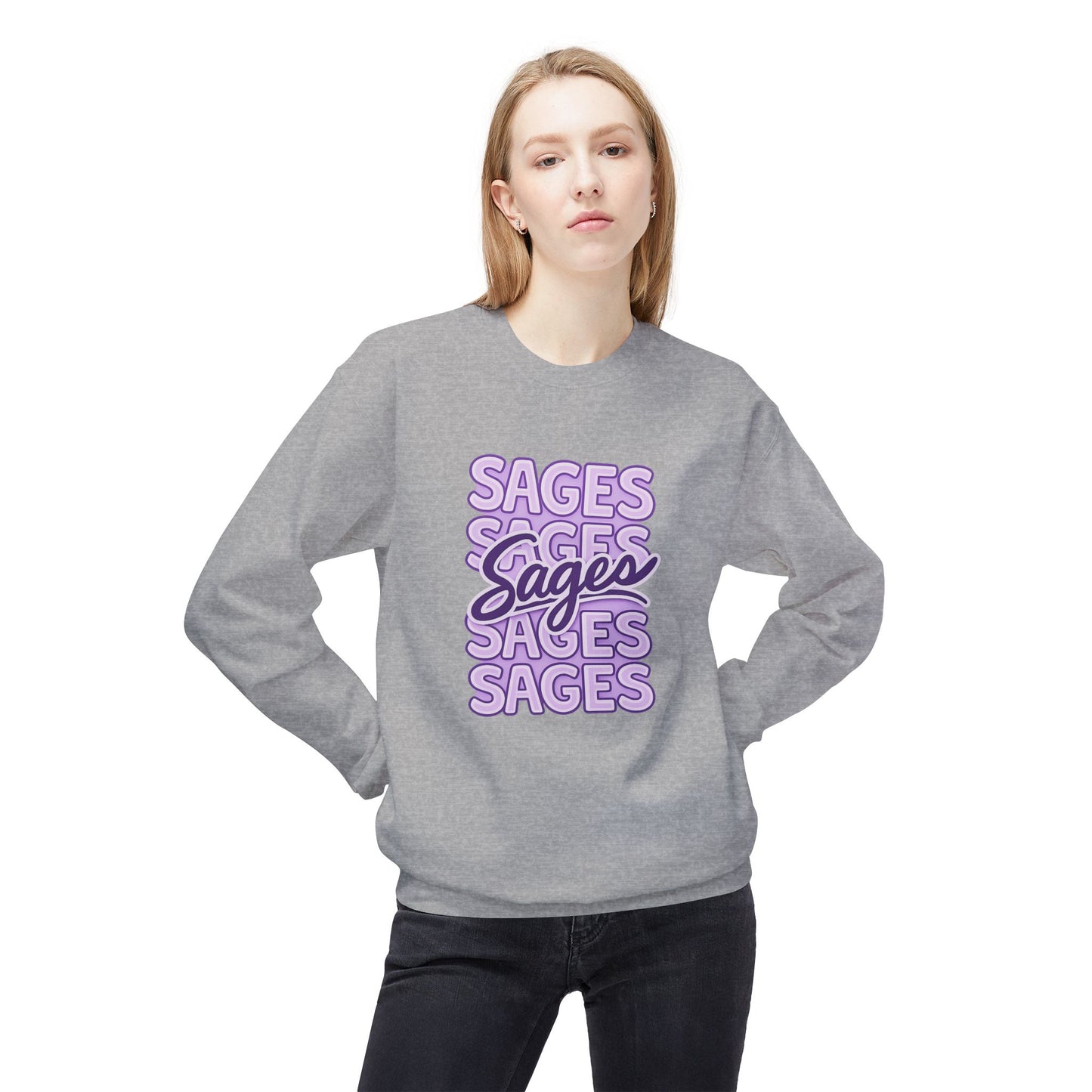 Sages Retro Script Crewneck Sweatshirt — Lavender Stacked 'SAGES' Graphic