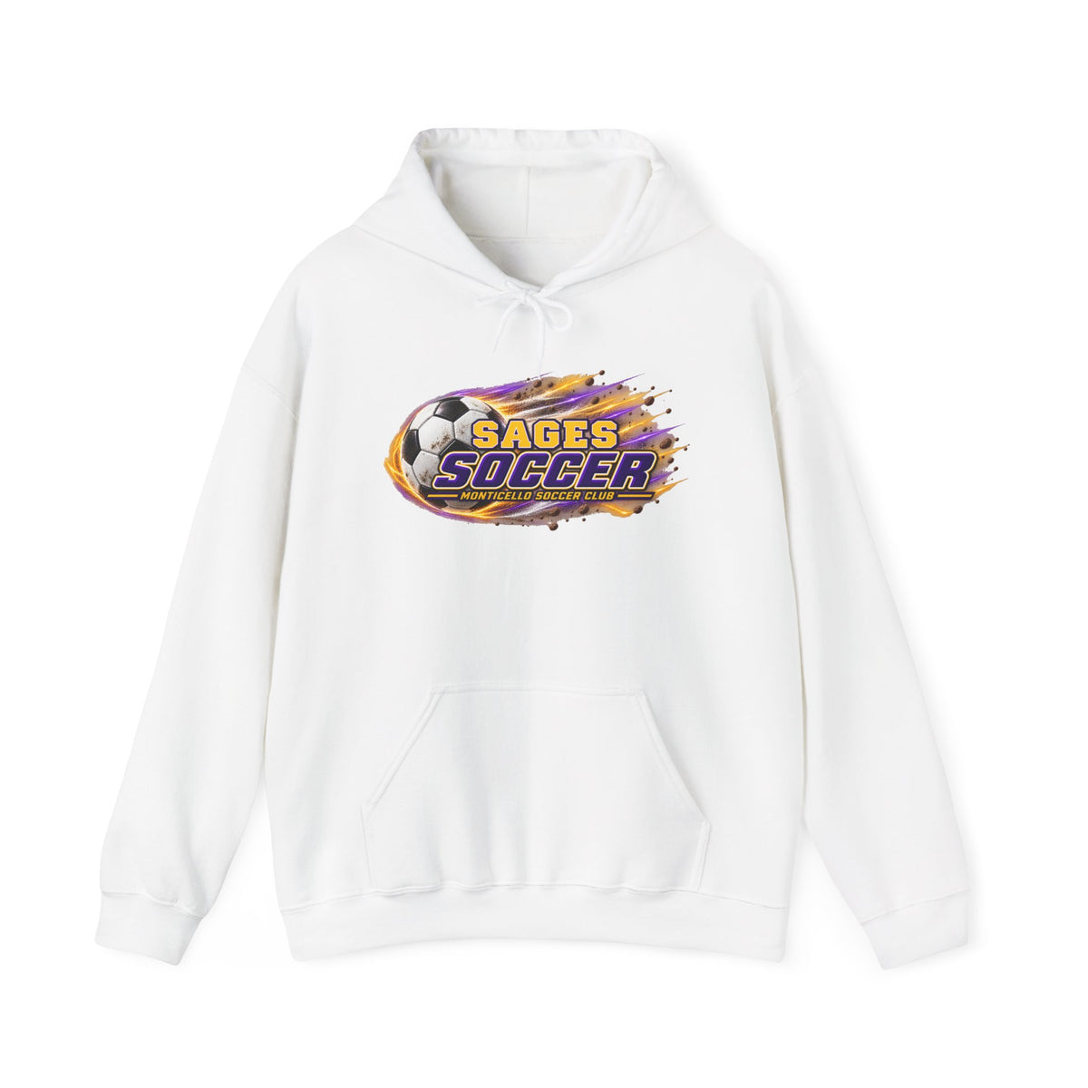 Sages Soccer Hoodie — Purple & Gold Flame Graphic Sweatshirt with Hood