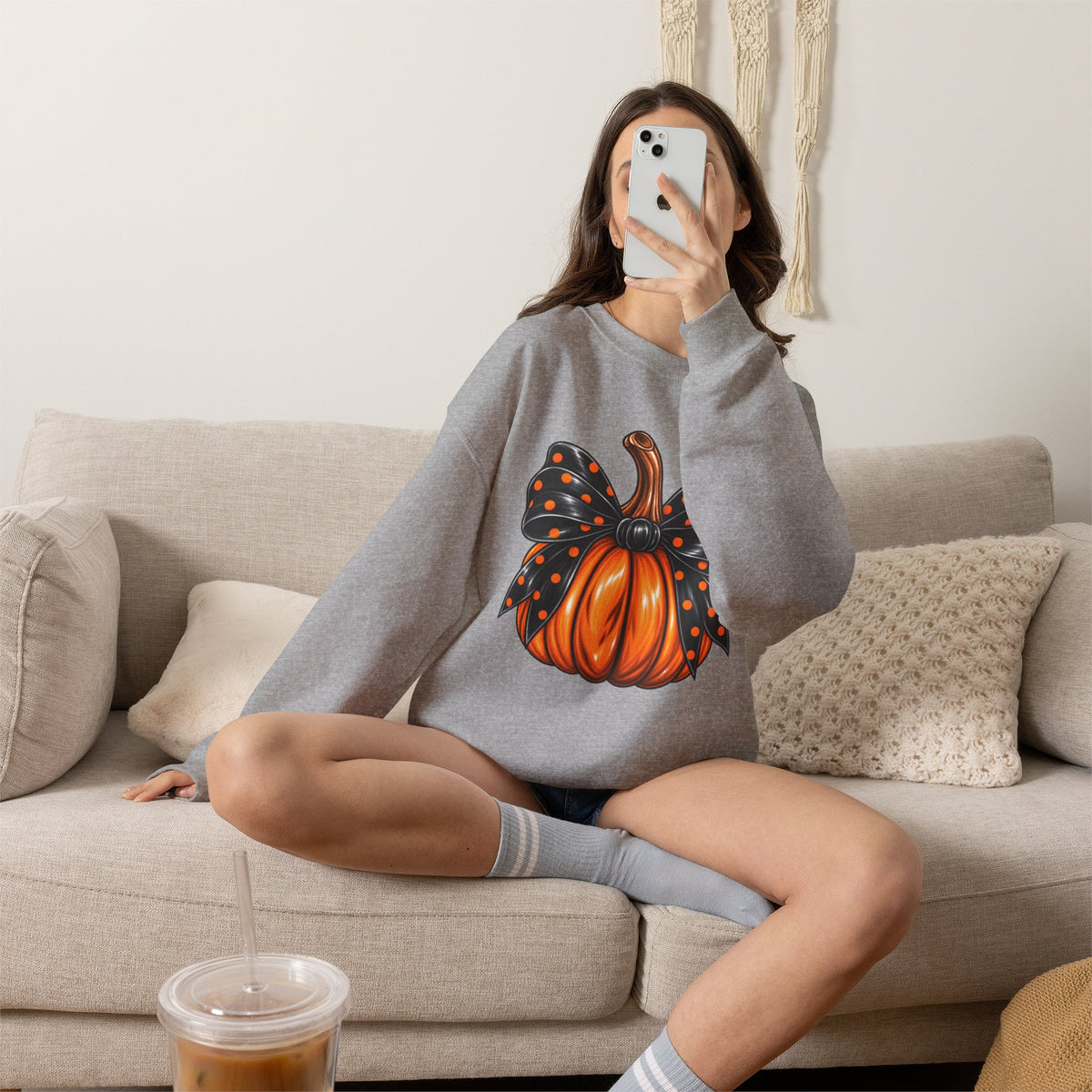 Pumpkin Bow Crewneck Sweatshirt — Cute Halloween Pumpkin Graphic