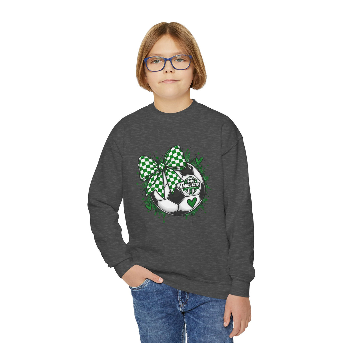 YOUTH Midstate Soccer Crest Crewneck — Green Bow Soccer Ball Sweatshirt