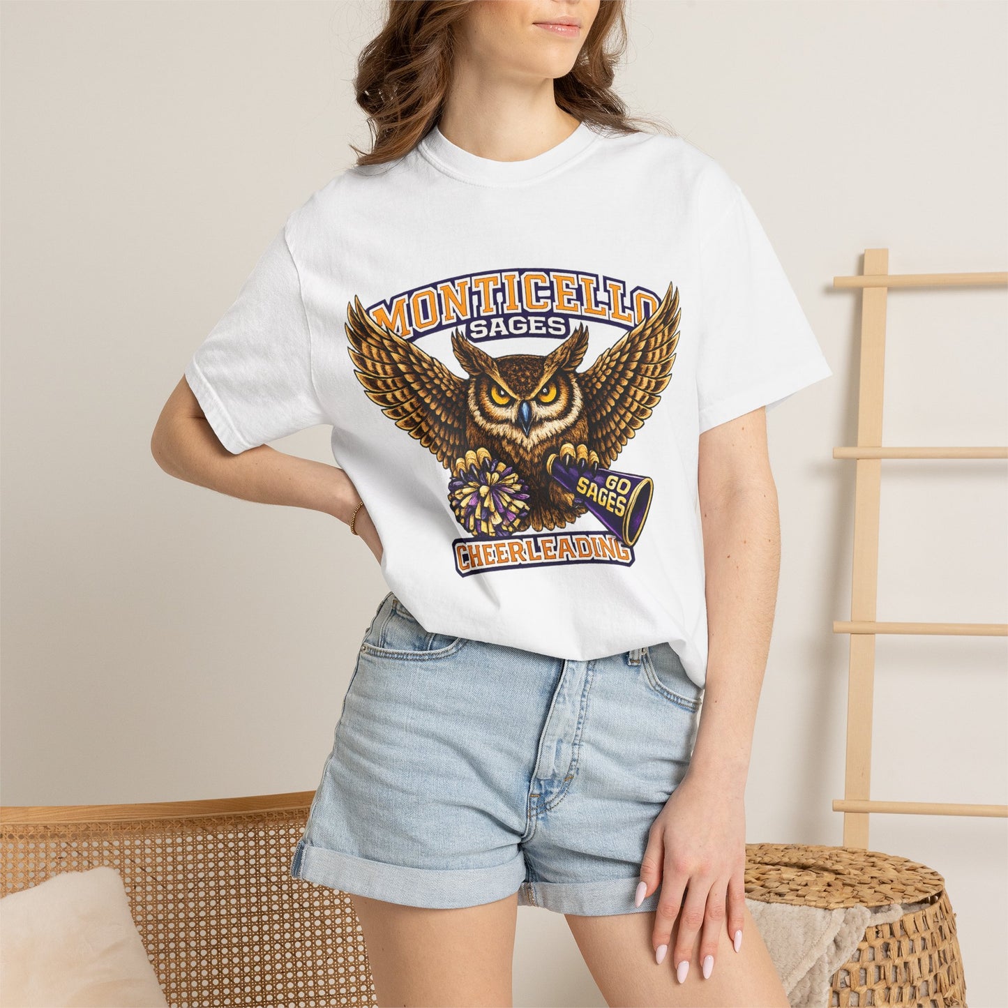 Monticello Sages Cheerleading T-shirt - Vintage Owl & Wings Team Tee