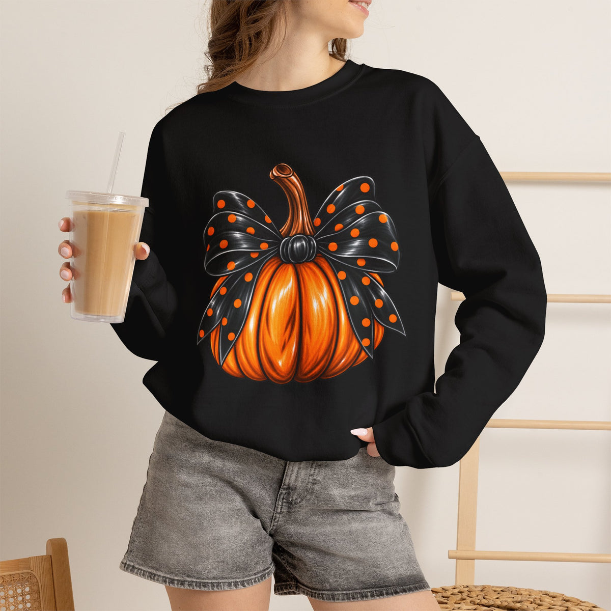 Pumpkin Bow Crewneck Sweatshirt — Cute Halloween Pumpkin Graphic