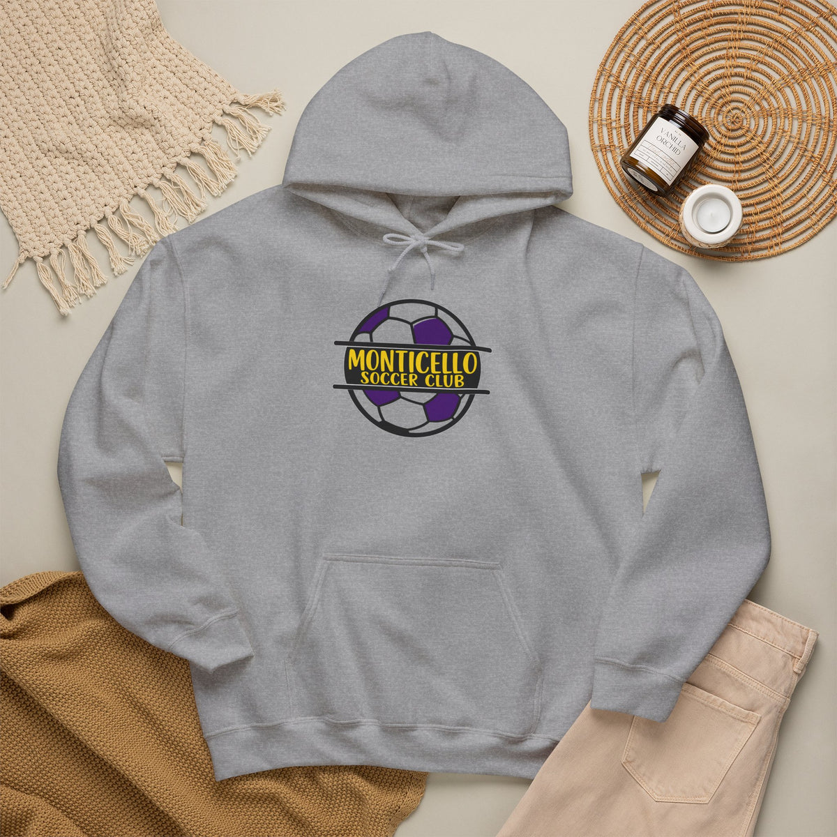 Monticello Soccer Club Hoodie — Purple & Gold Soccer Logo Sweatshirt