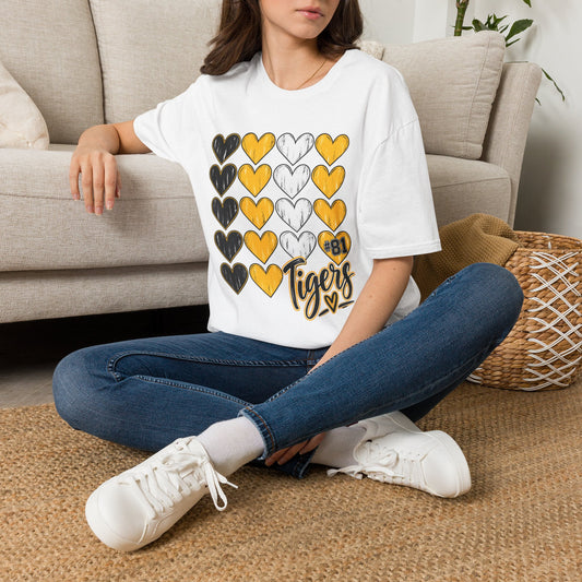 T-Shirt — Yellow & Black Heart Grid "Tigers" School Spirit Tee