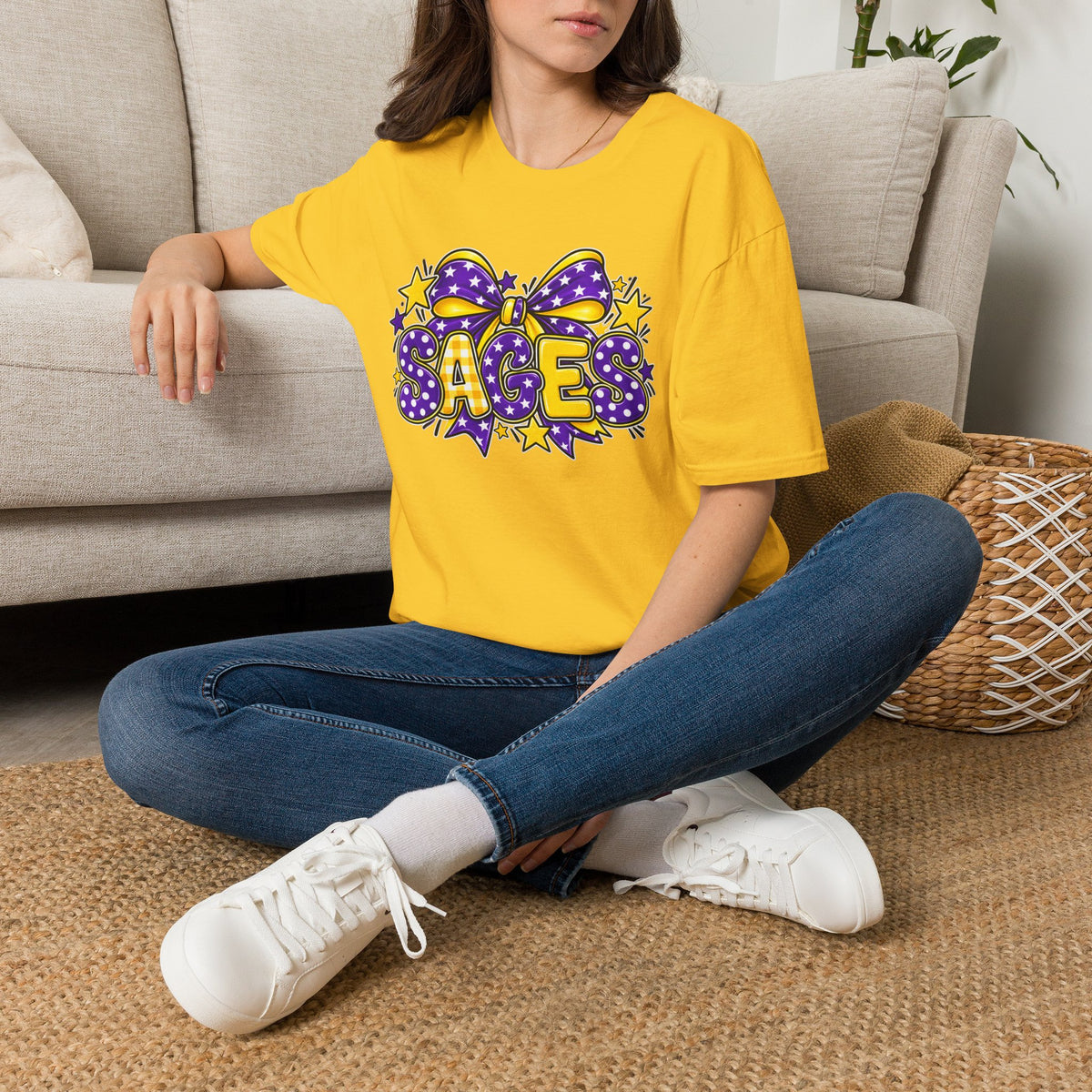 Sages T-Shirt — SAGES Cheer Bow Graphic Tee (Purple & Gold Stars)