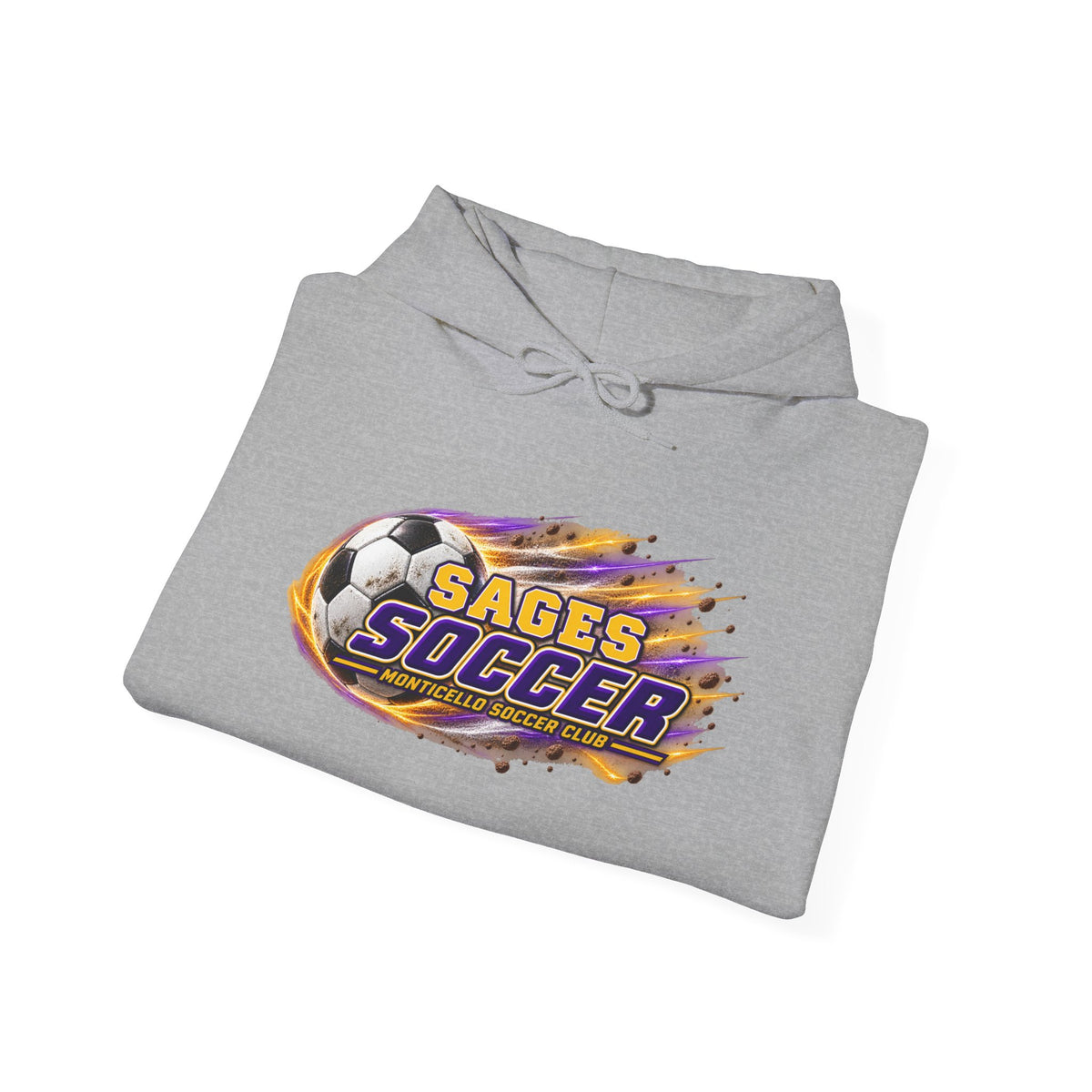Sages Soccer Hoodie — Purple & Gold Flame Graphic Sweatshirt with Hood