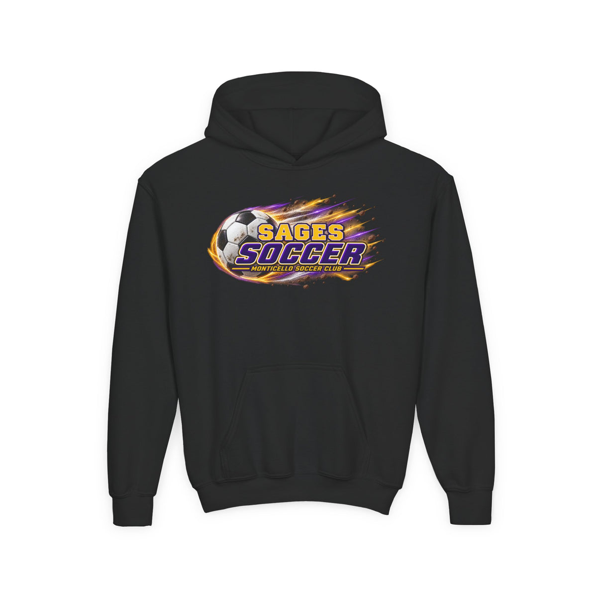 YOUTH Sages Soccer Hoodie — Purple & Gold Flame Graphic Sweatshirt with Hood