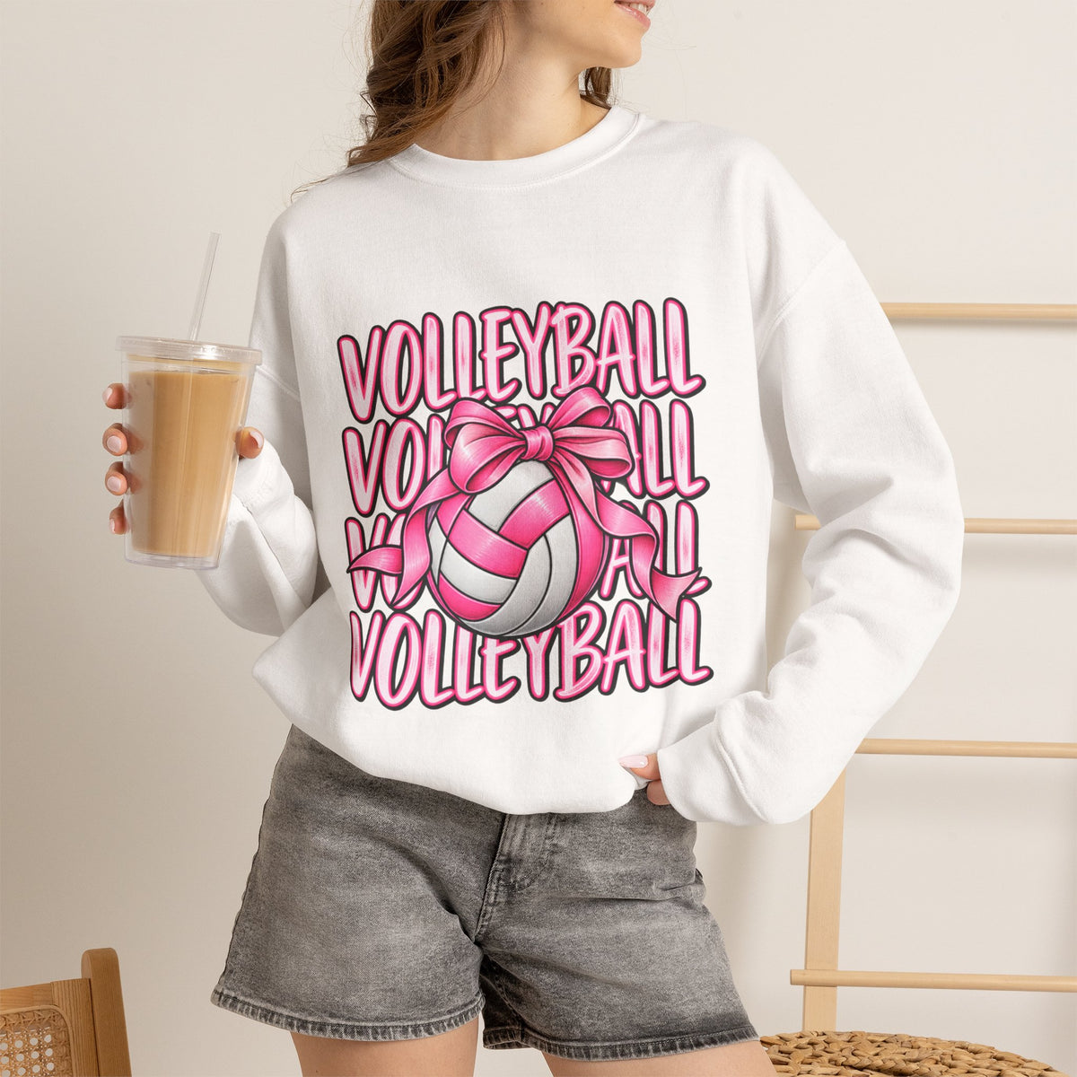 Volleyball Bow Sweatshirt — Pink Volleyball Graphic Crewneck