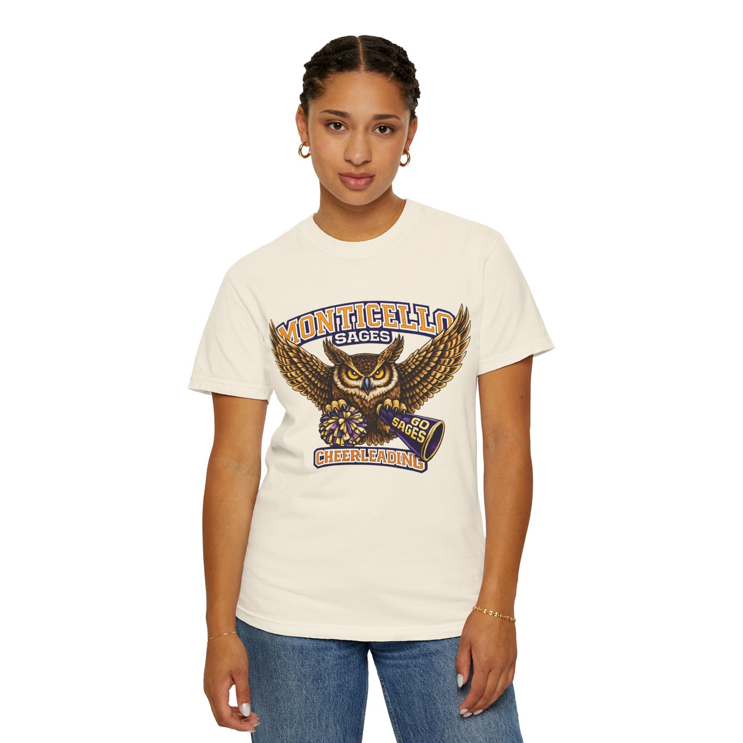 Monticello Sages Cheerleading T-shirt - Vintage Owl & Wings Team Tee