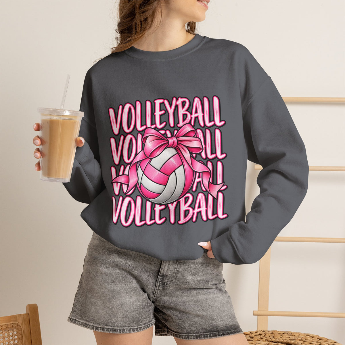 Volleyball Bow Sweatshirt — Pink Volleyball Graphic Crewneck