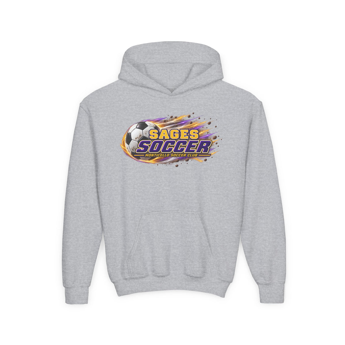YOUTH Sages Soccer Hoodie — Purple & Gold Flame Graphic Sweatshirt with Hood