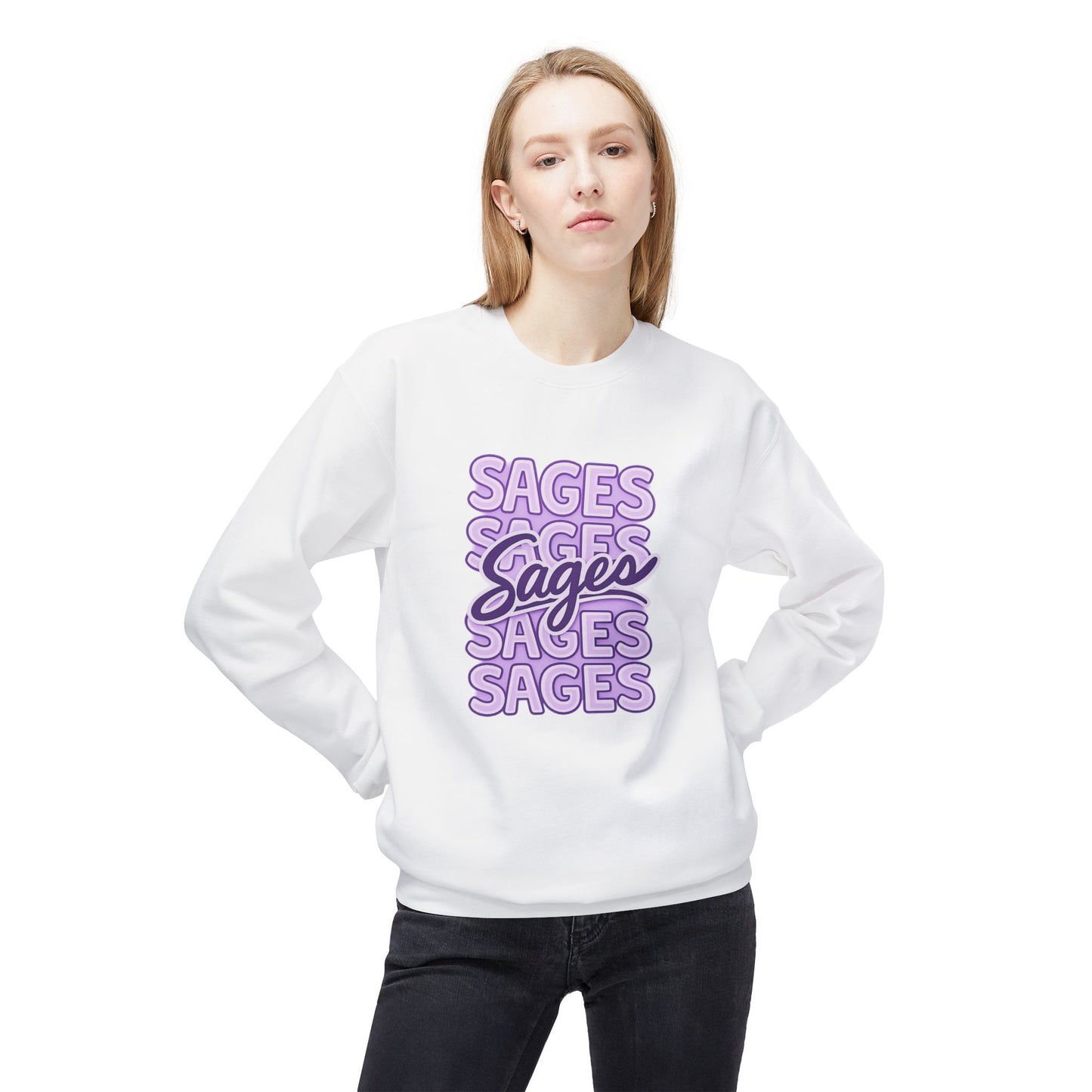 Sages Retro Script Crewneck Sweatshirt — Lavender Stacked 'SAGES' Graphic