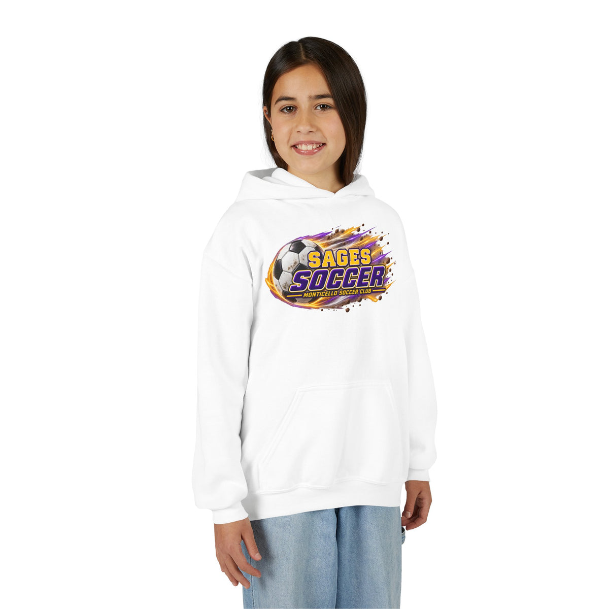 YOUTH Sages Soccer Hoodie — Purple & Gold Flame Graphic Sweatshirt with Hood