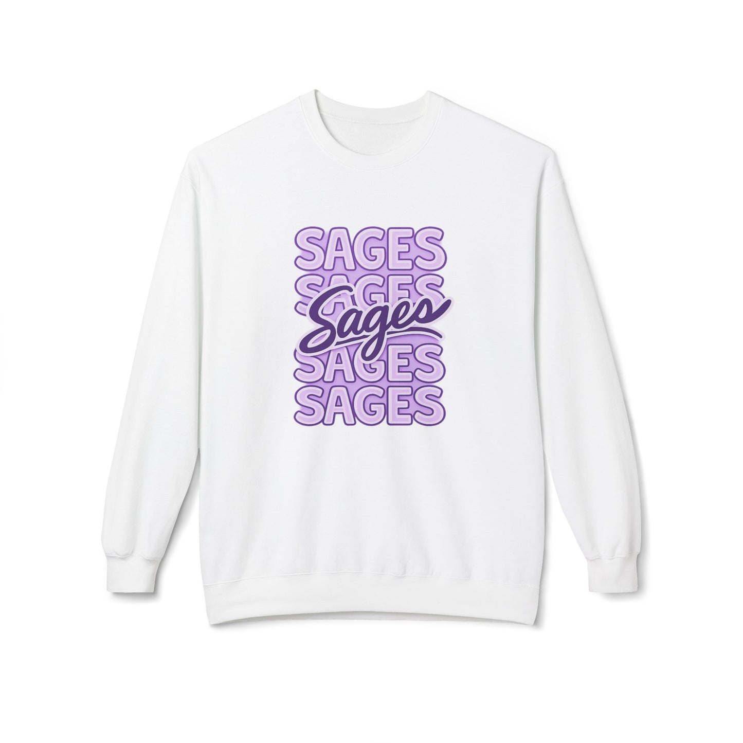 Sages Retro Script Crewneck Sweatshirt — Lavender Stacked 'SAGES' Graphic