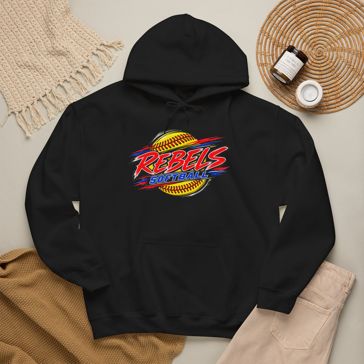 Rebels Softball Hoodie — Retro Yellow Softball Graphic