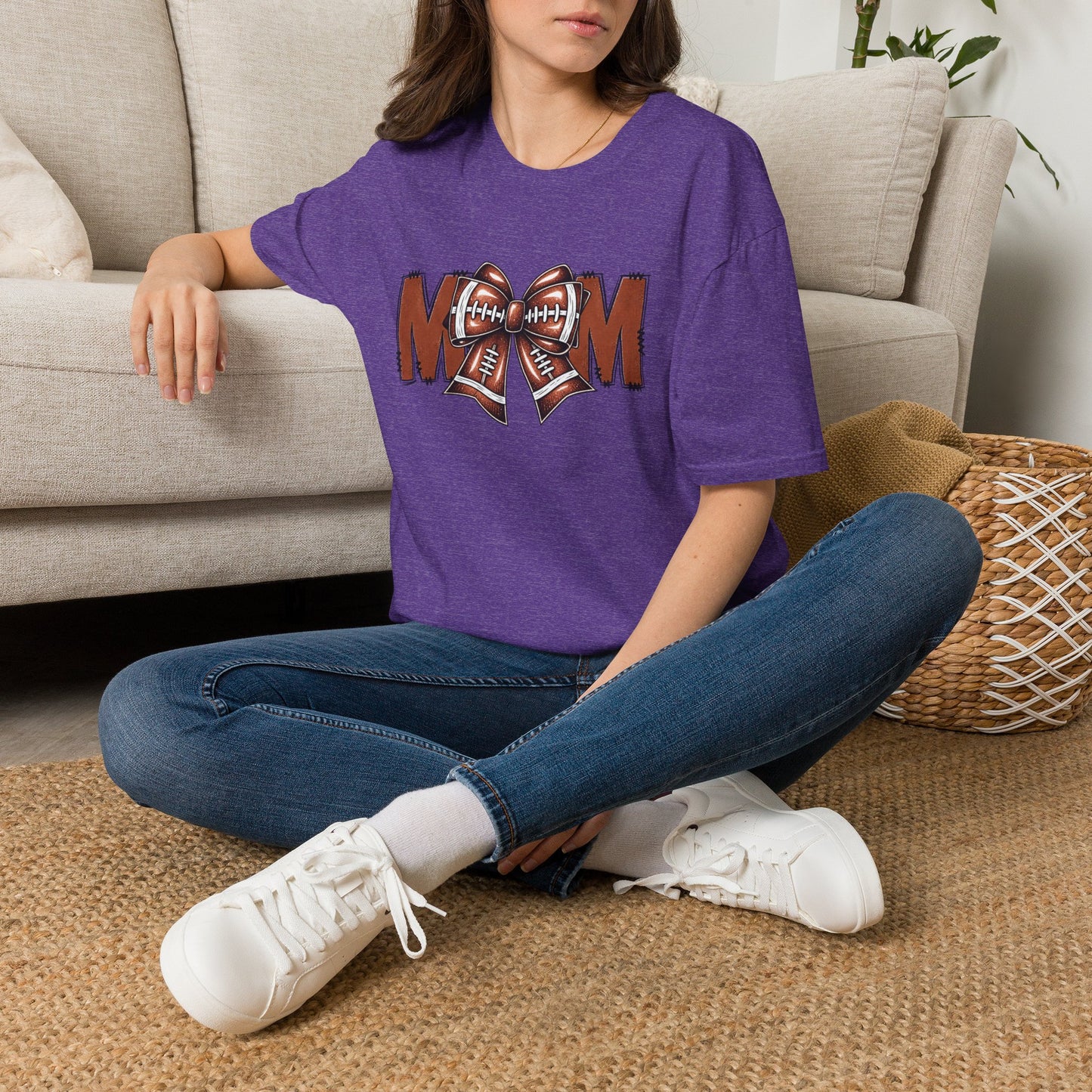 Football Mom T-Shirt — 'MOM' with Football Bow Graphic