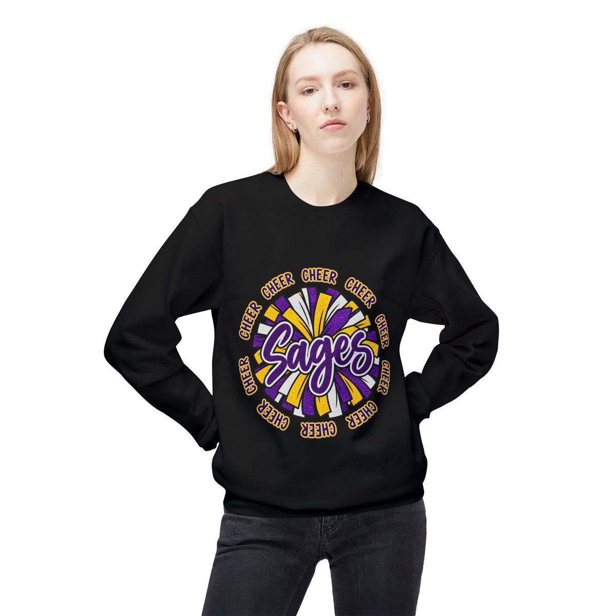 Sages Pom-Pom Cheer Crewneck Sweatshirt – Purple & Gold Spirit Tee
