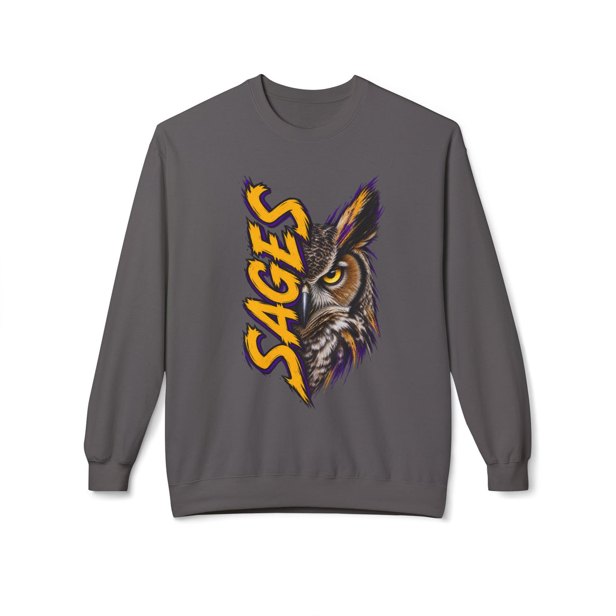 Sages Owl Crewneck Sweatshirt — Bold Vertical Mascot Design