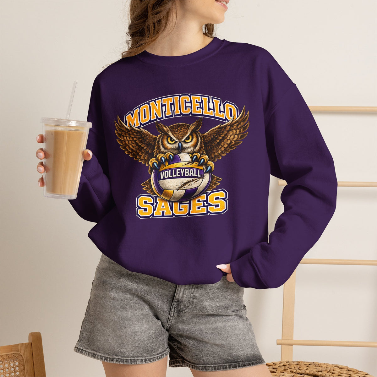 Monticello Sages Volleyball Crewneck Sweatshirt - Owl Wingspread Logo