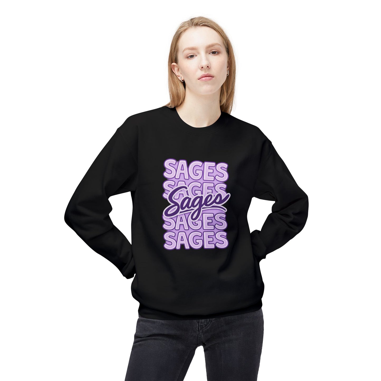 Sages Retro Script Crewneck Sweatshirt — Lavender Stacked 'SAGES' Graphic