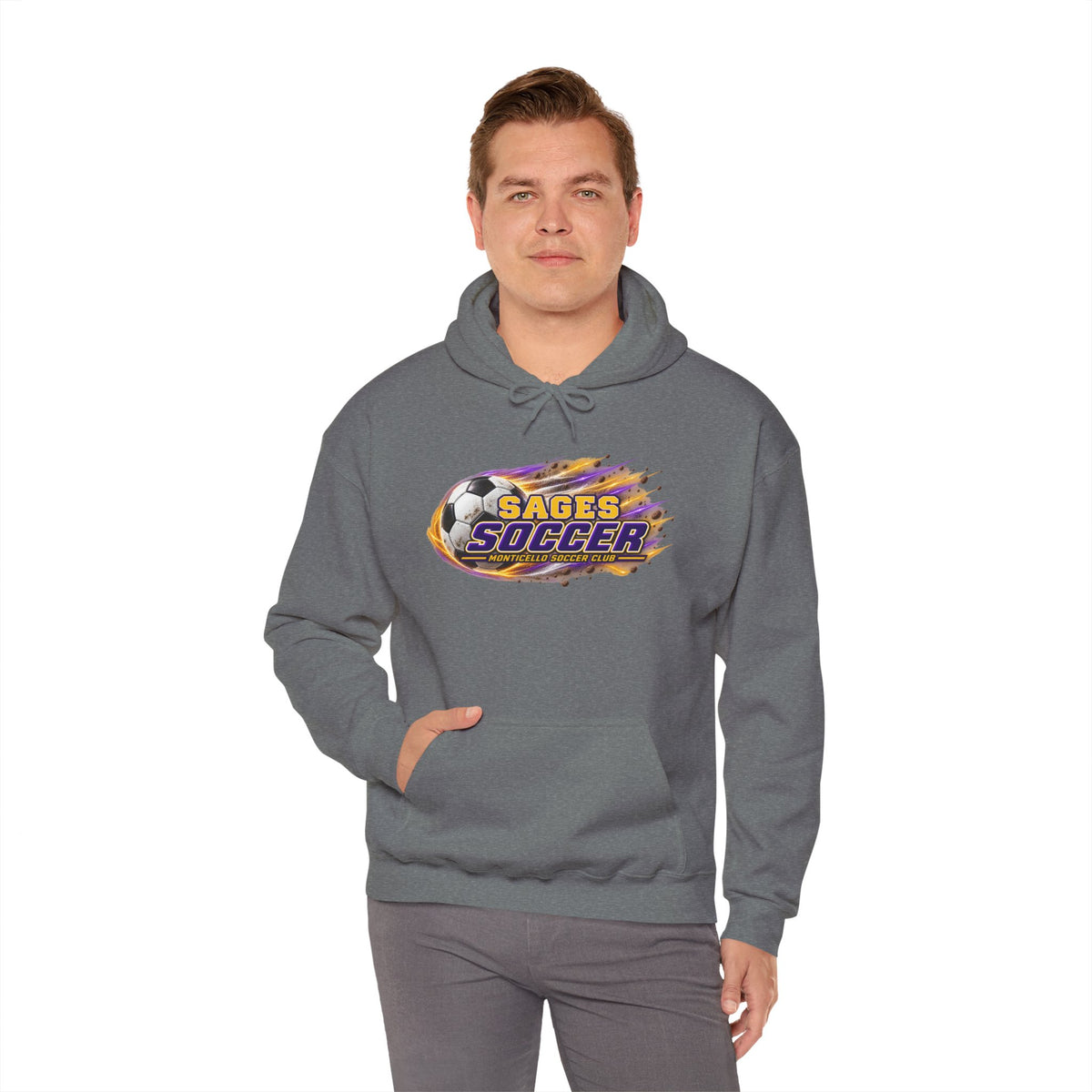 Sages Soccer Hoodie — Purple & Gold Flame Graphic Sweatshirt with Hood