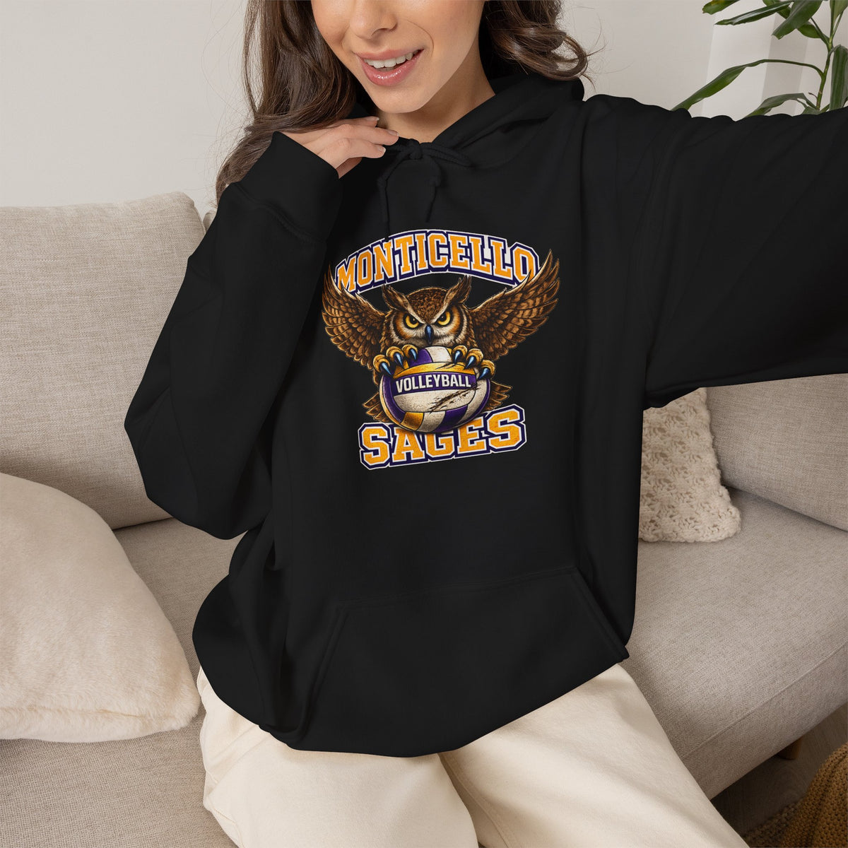 Monticello Sages Volleyball Hoodie — Wingspread Owl Mascot School Sweatshirt