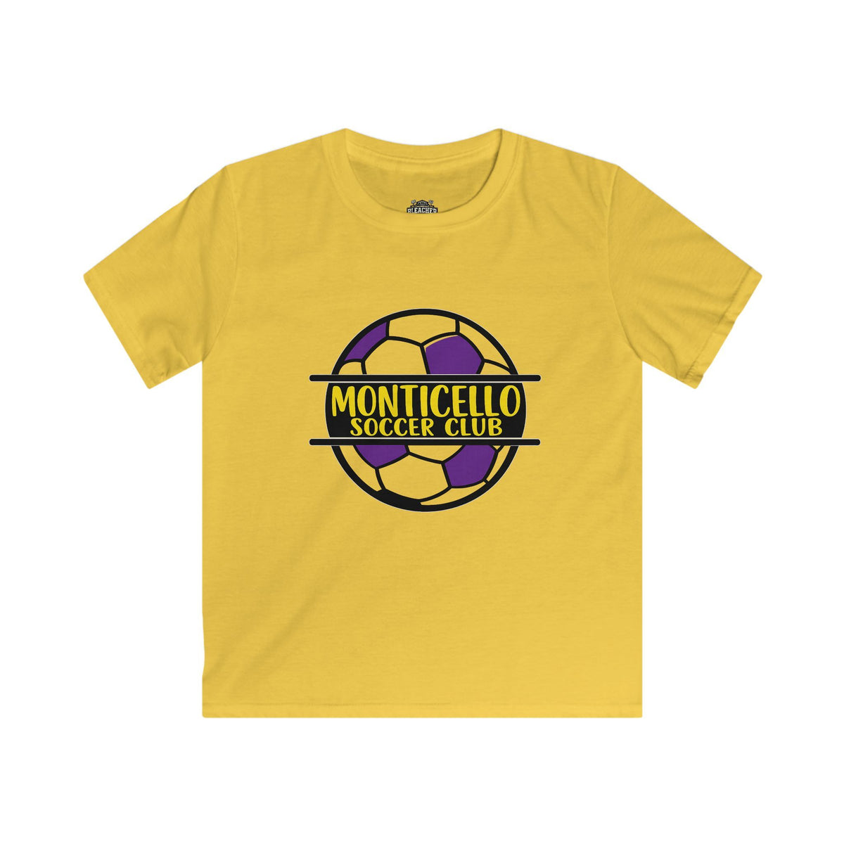 YOUTH Monticello Soccer Club Kids Tee — Youth Soccer Shirt with Purple & Yellow Ball Logo