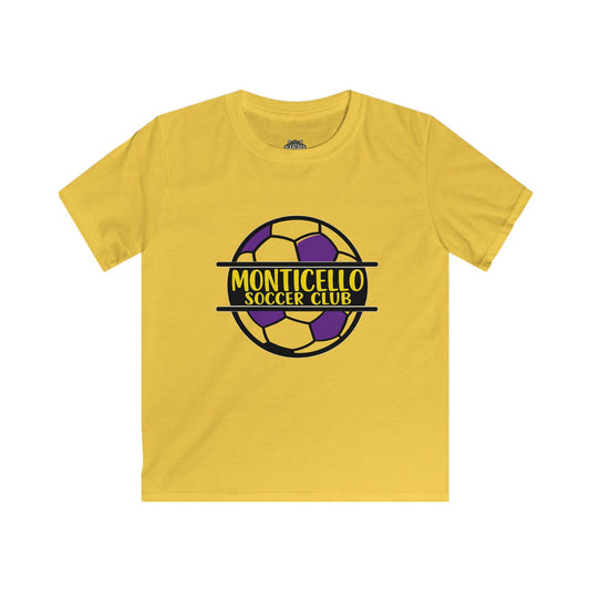 YOUTH Monticello Soccer Club Kids Tee — Youth Soccer Shirt with Purple & Yellow Ball Logo