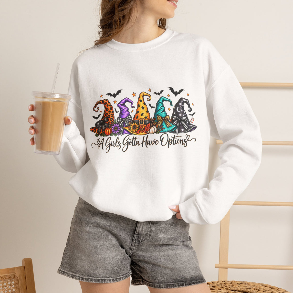 Witch Hat Crewneck Sweatshirt - "A Girls Gotta Have Options" Halloween Pullover