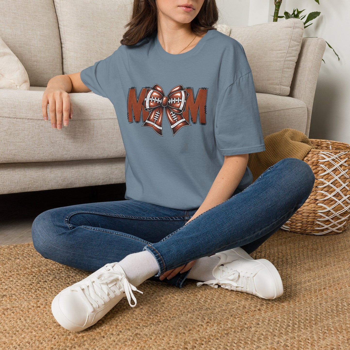 Football Mom T-Shirt — 'MOM' with Football Bow Graphic