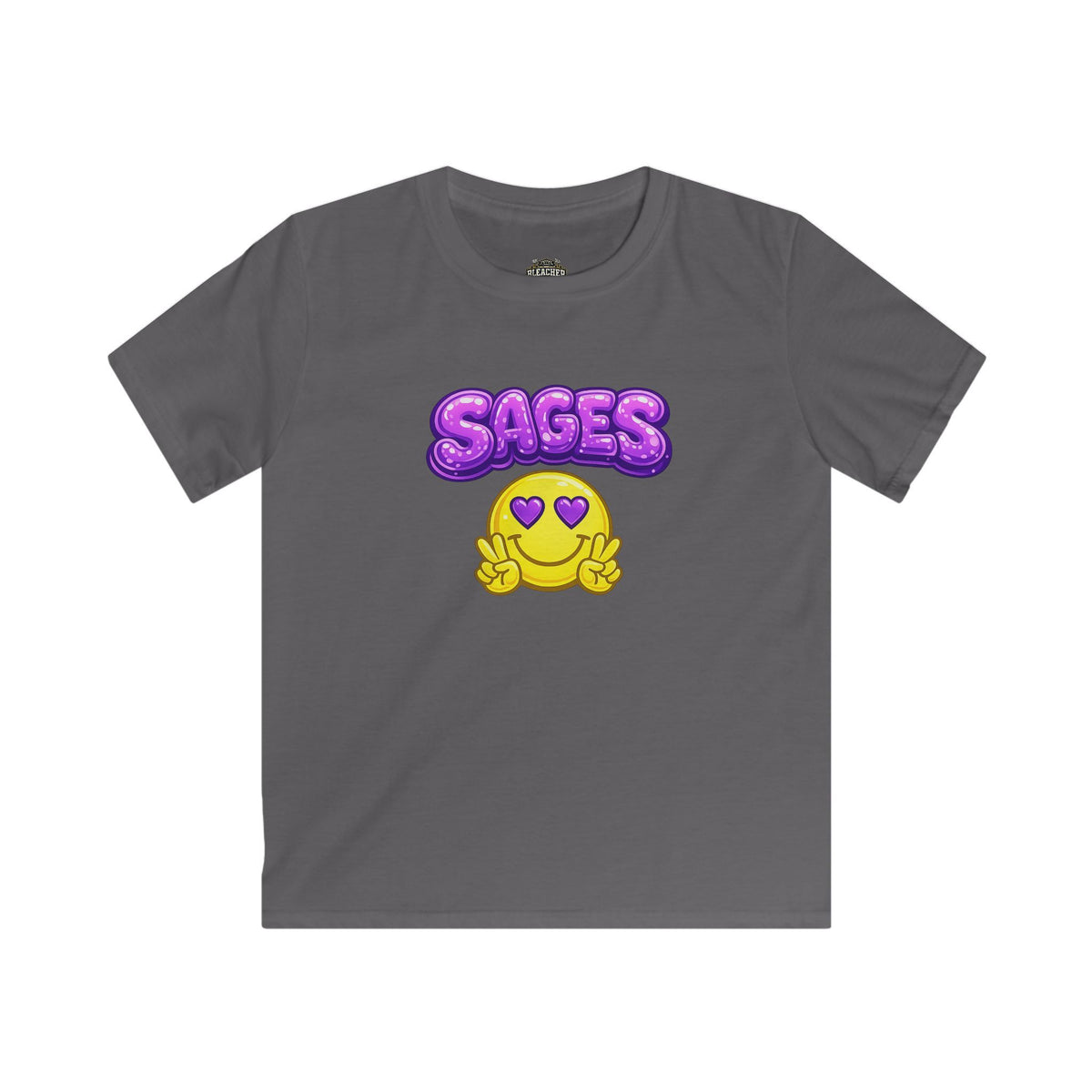 YOUTH Tee — "Sages" Purple Bubble Text with Heart-Eyes Smiley Graphic