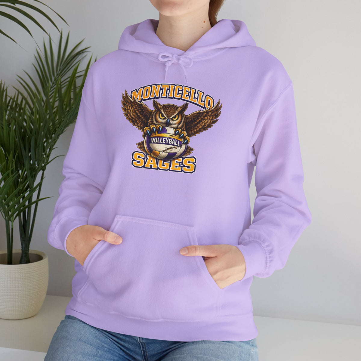Monticello Sages Volleyball Hoodie — Wingspread Owl Mascot School Sweatshirt