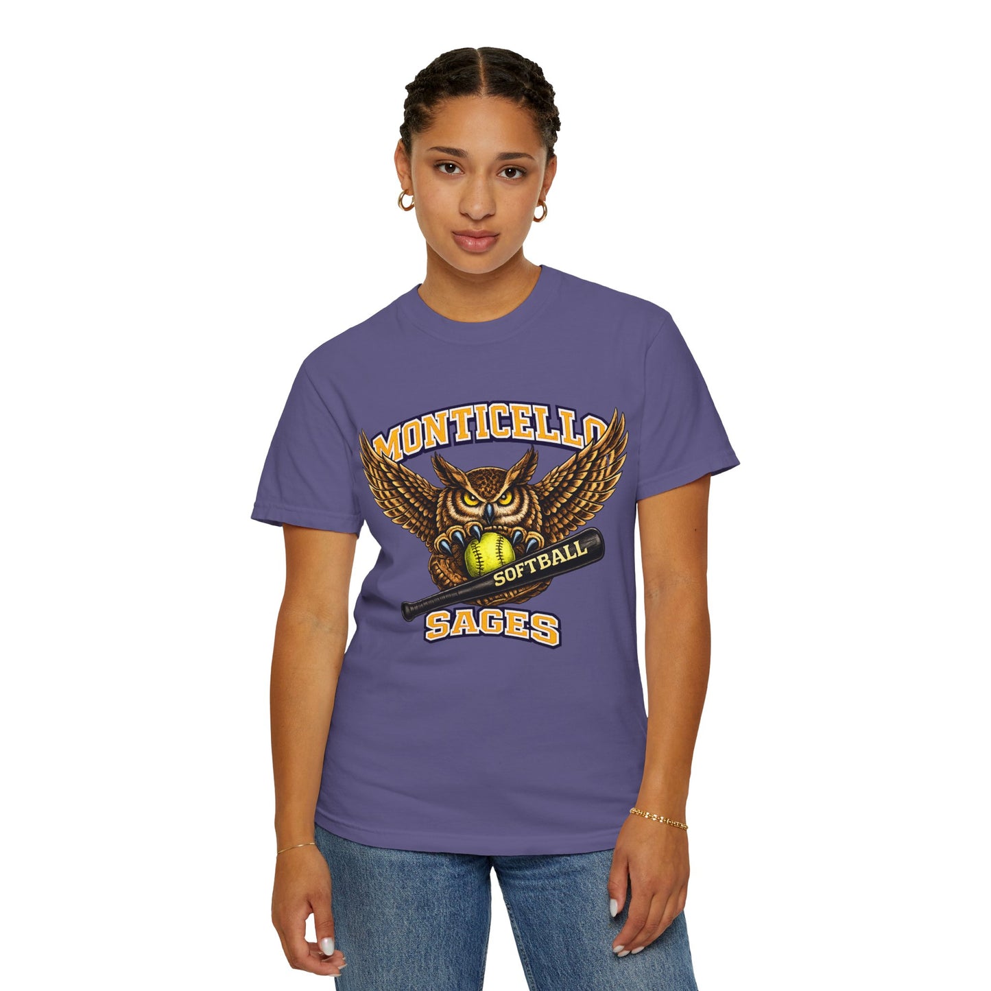 Monticello Sages Softball T-Shirt — Vintage Owl & Wings Team Tee