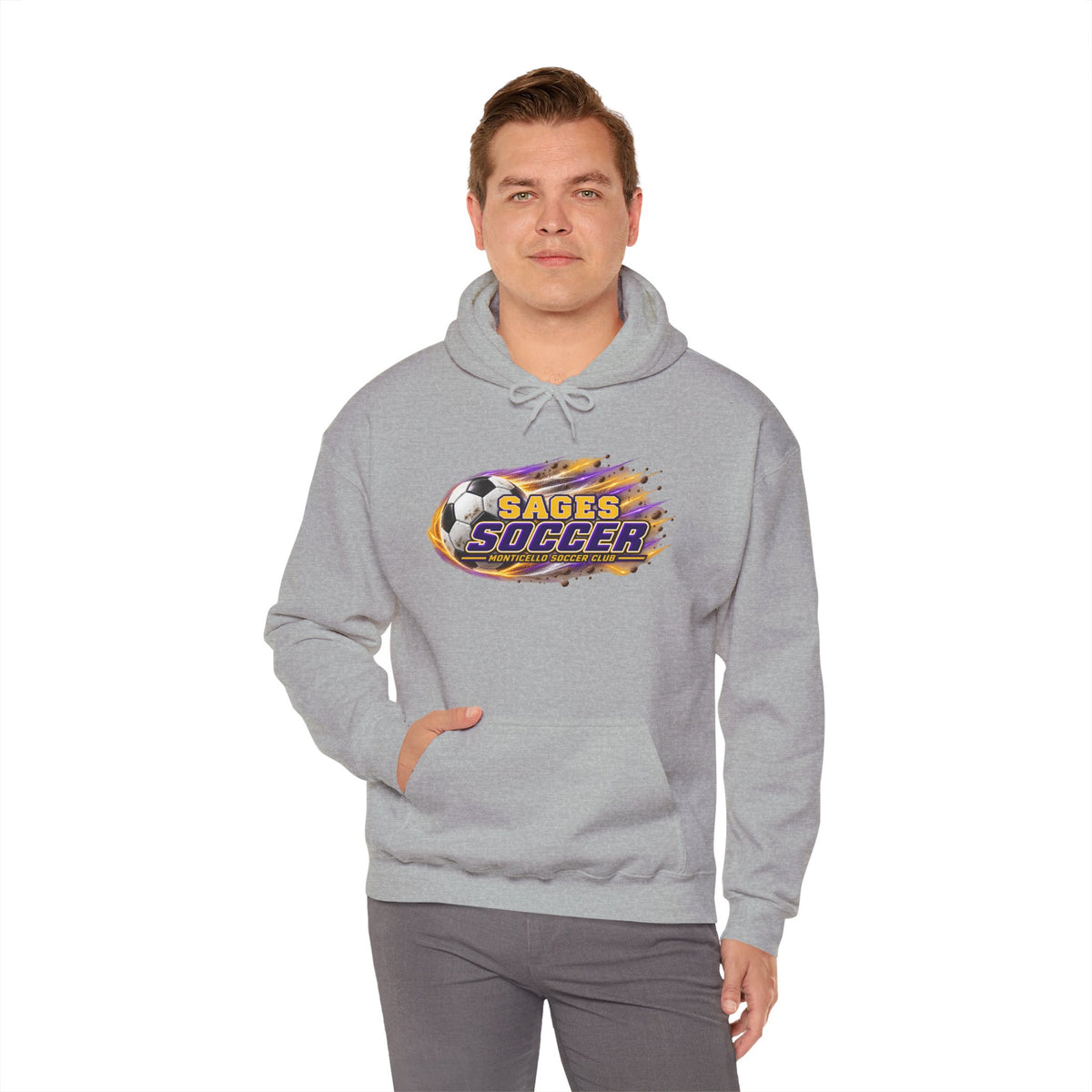 Sages Soccer Hoodie — Purple & Gold Flame Graphic Sweatshirt with Hood