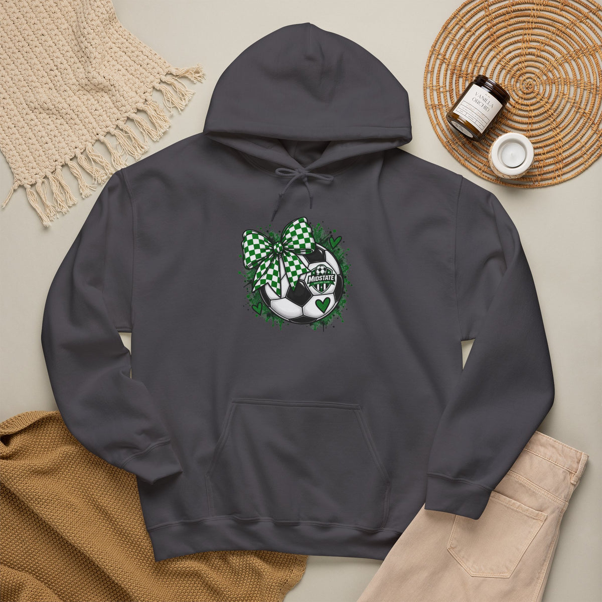 Midstate Soccer Hoodie — Green Plaid Bow Kitty Design