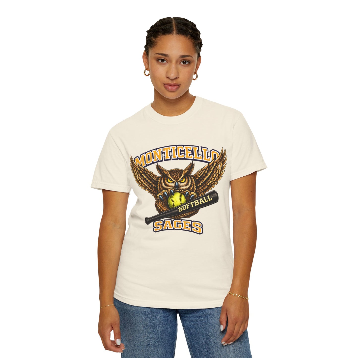 Monticello Sages Softball T-Shirt — Vintage Owl & Wings Team Tee