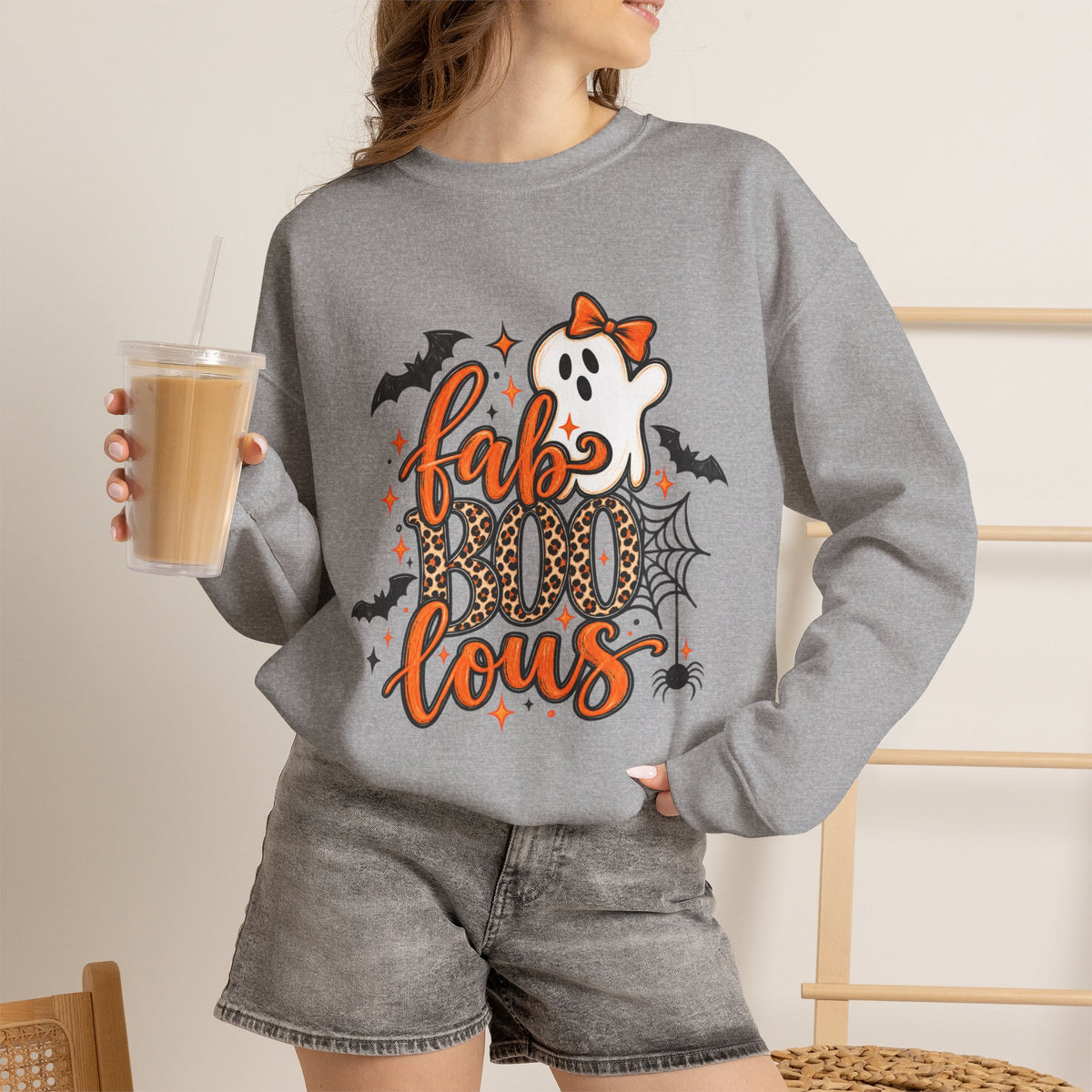 FabBOOlous Halloween Sweatshirt — Cute Ghost, Bats & Spiderweb Fall Crewneck
