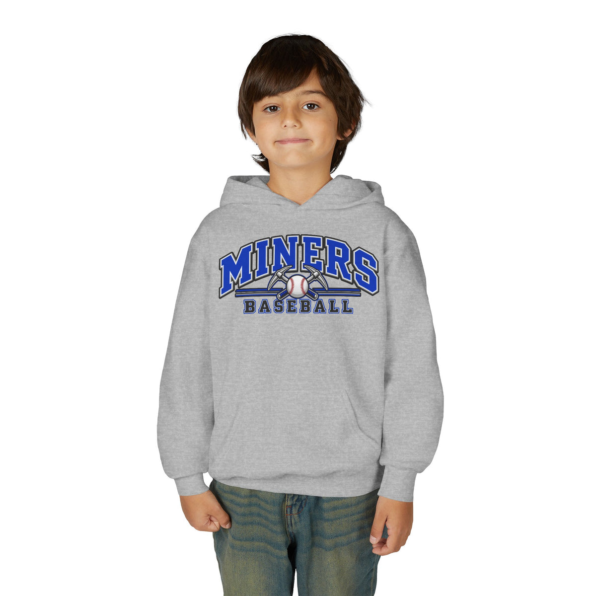 YOUTH Miners Baseball Hoodie — Pickaxe Cross Logo Graphic