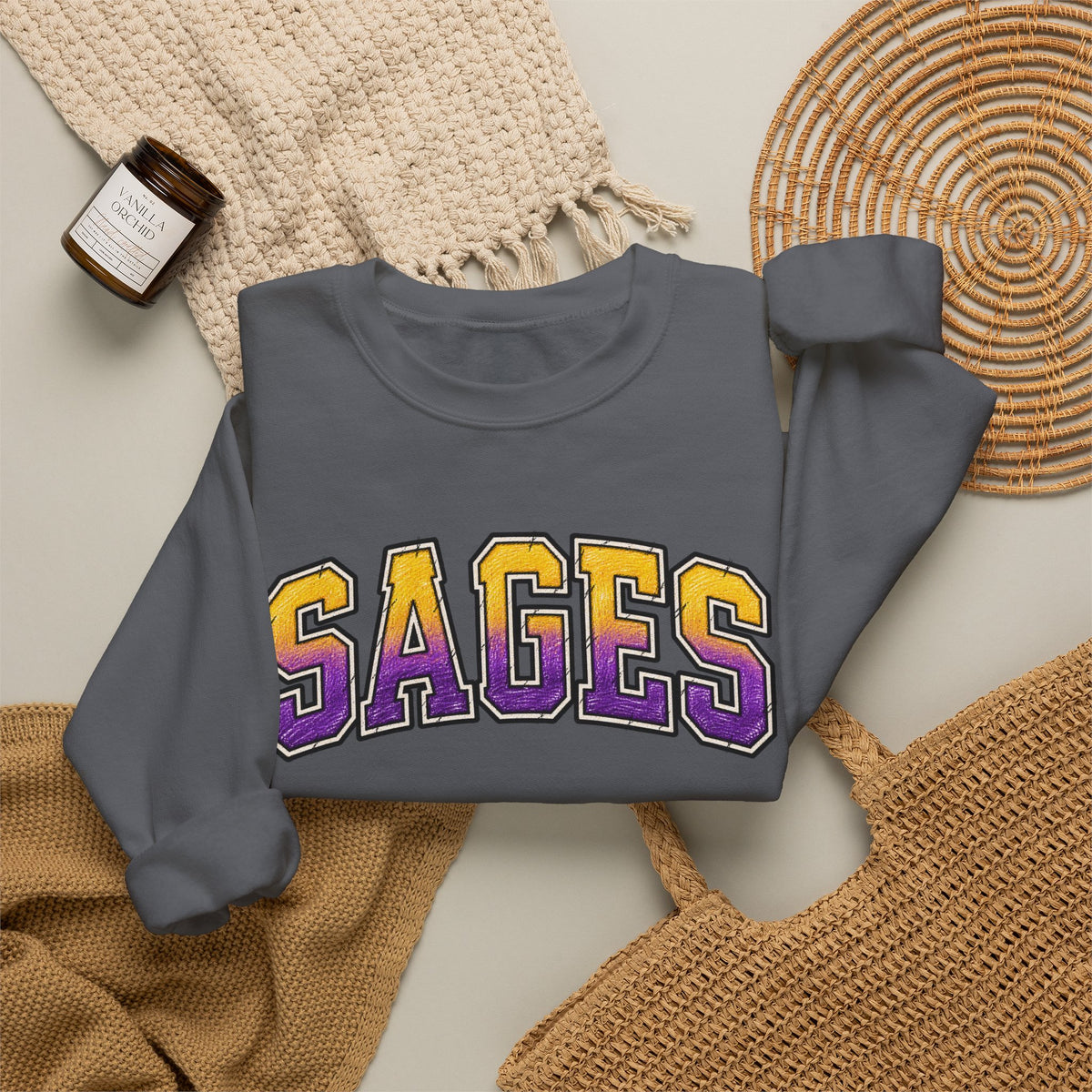 Sages Varsity Crewneck Sweatshirt — Retro Purple & Gold Collegiate Pullover