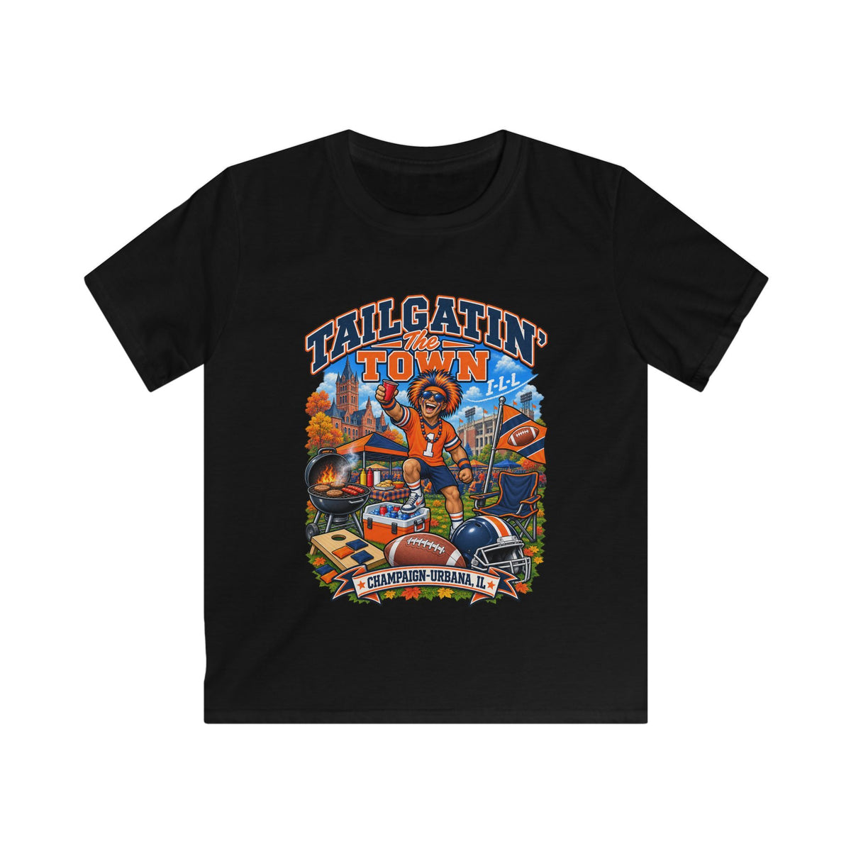 YOUTH Tailgatin' Town - ILLINOIS Edition - Cute Football Tailgate Graphic Tee for Kids