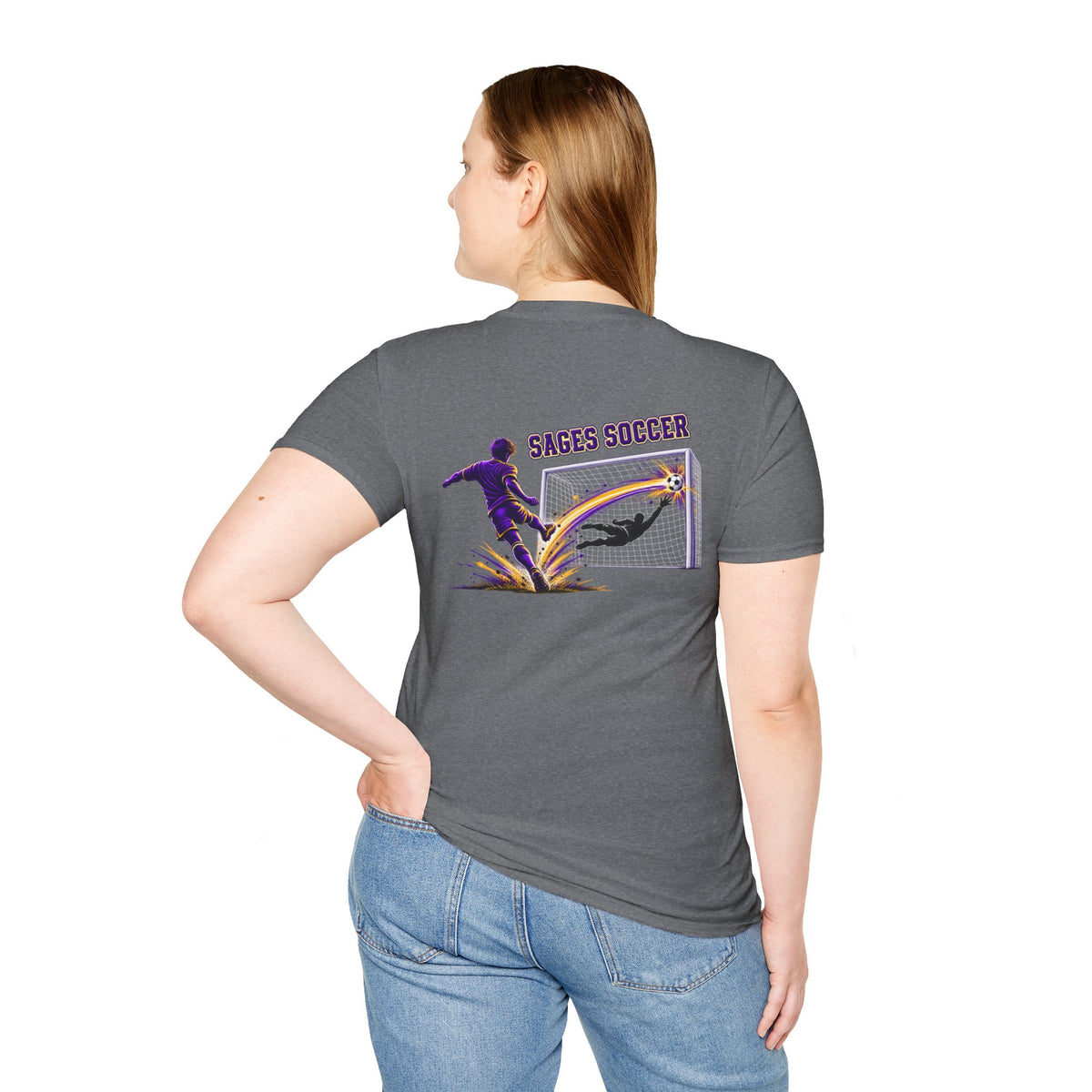 Monticello Soccer Club Graphic Goal T Shirt - Crest on Front, Graphic Soccer Goal On Back