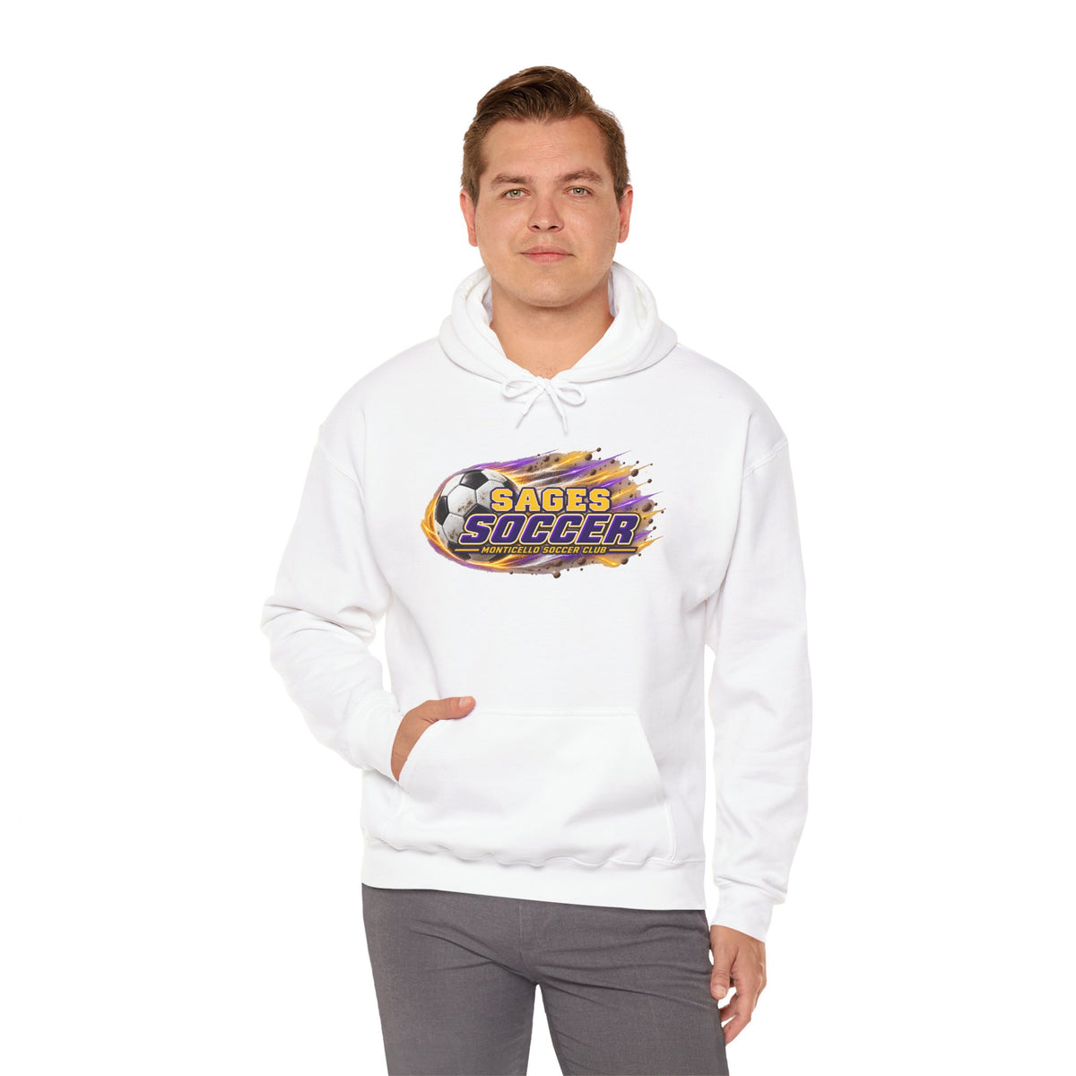 Sages Soccer Hoodie — Purple & Gold Flame Graphic Sweatshirt with Hood