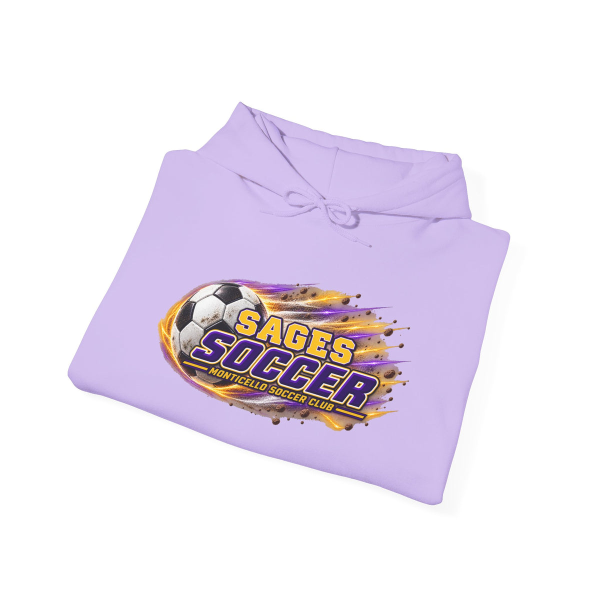 Sages Soccer Hoodie — Purple & Gold Flame Graphic Sweatshirt with Hood