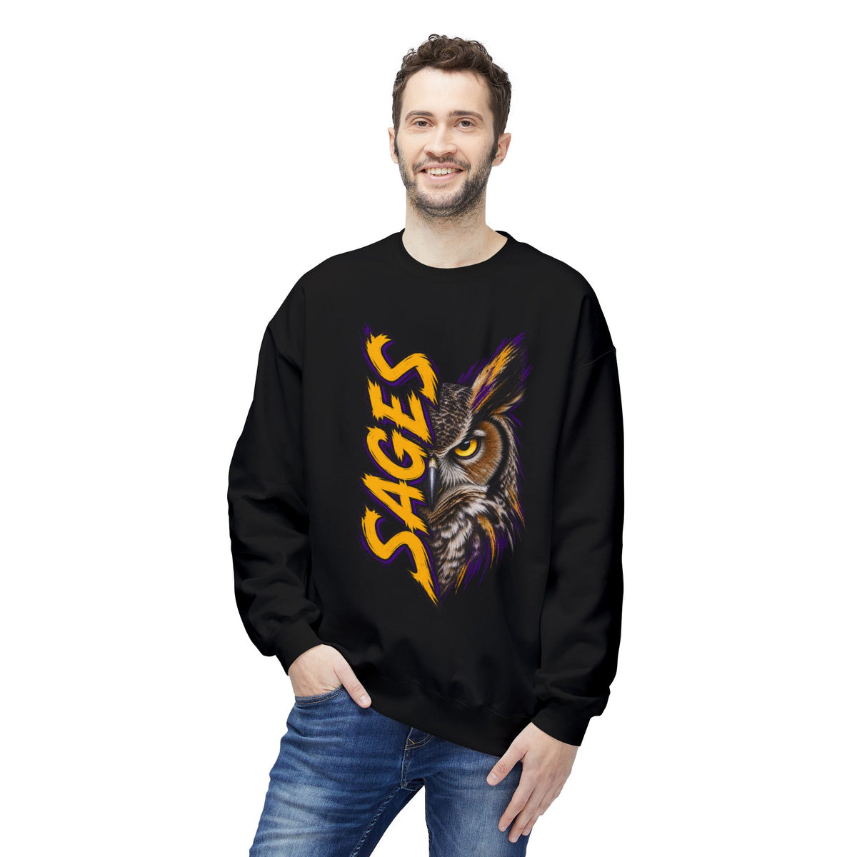 Sages Owl Crewneck Sweatshirt — Bold Vertical Mascot Design