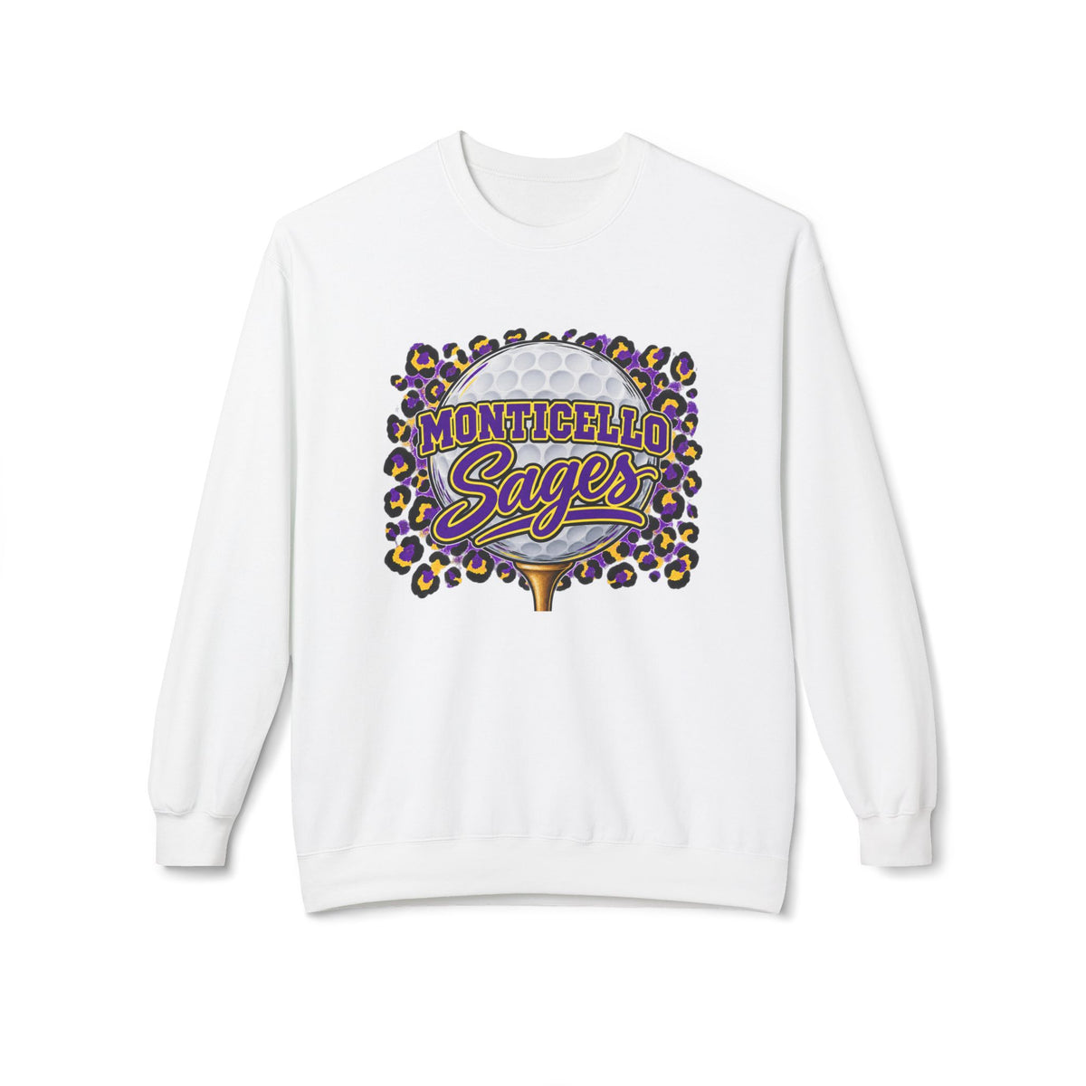 Monticello Sages Golf Crewneck Sweatshirt — Leopard Pom-Pom Spirit Wear
