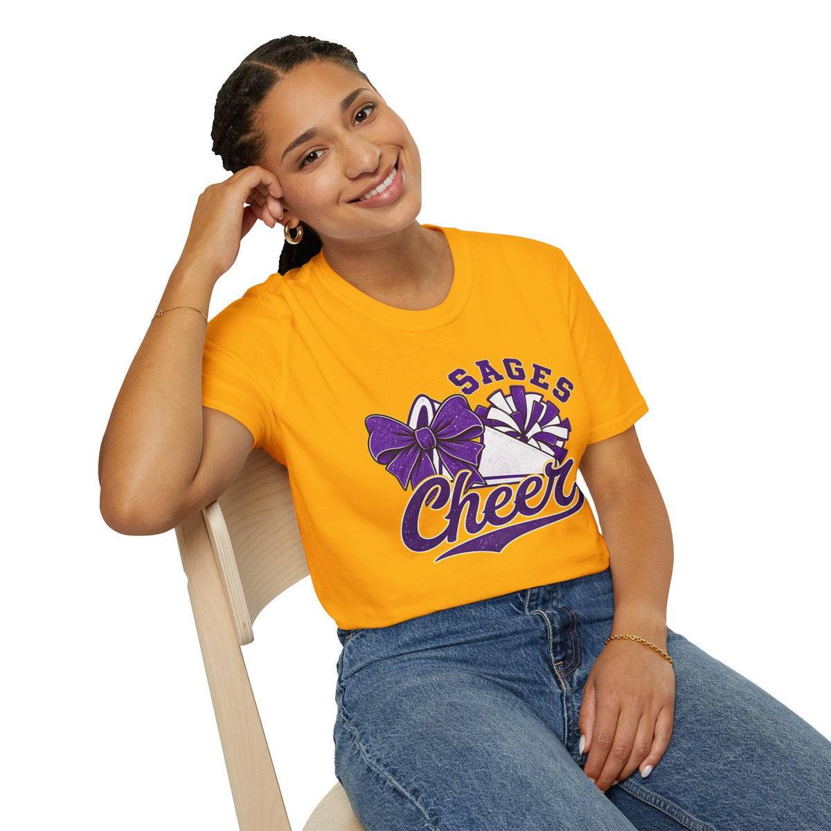 Sages Cheer T‑Shirt — Purple Bow & Pom Design