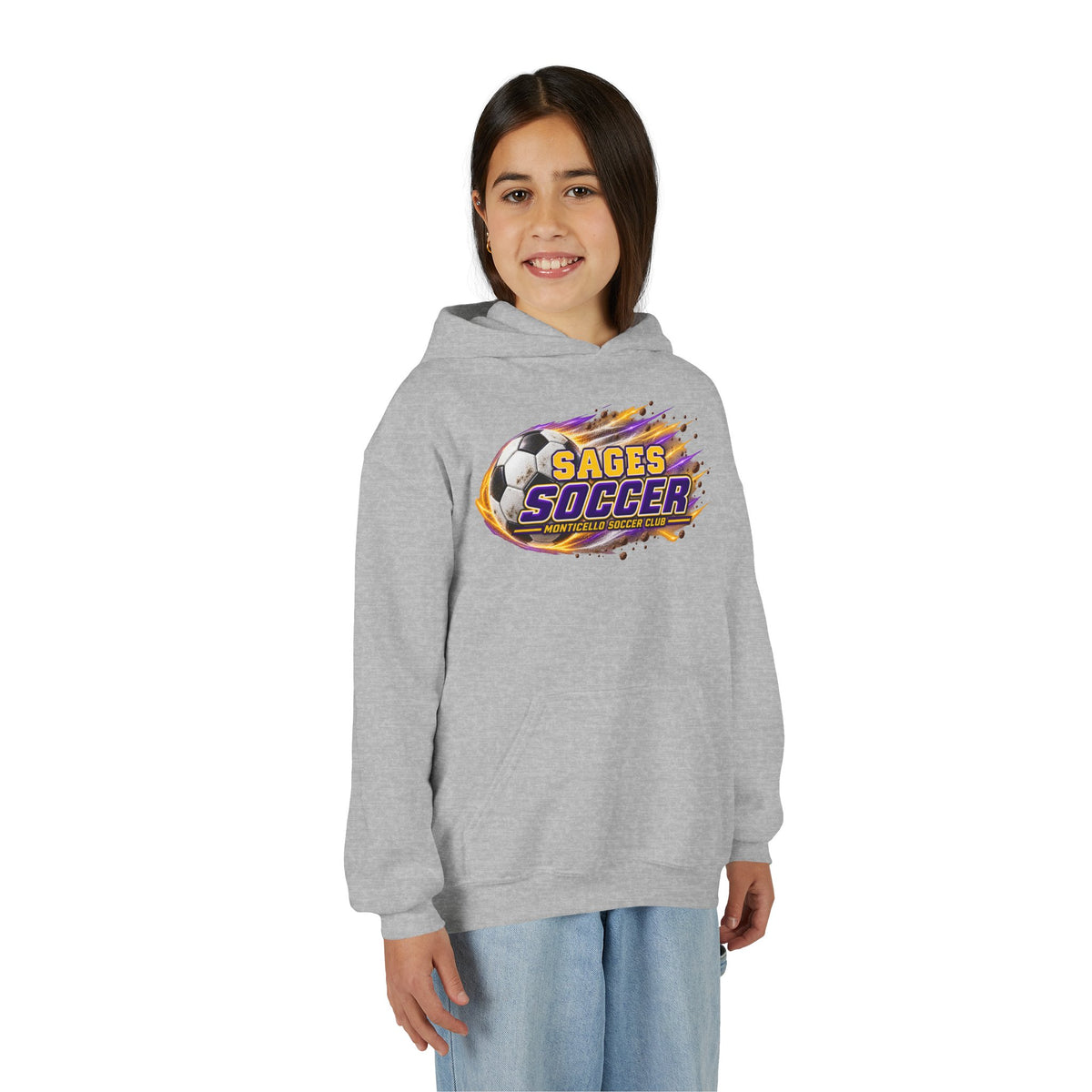 YOUTH Sages Soccer Hoodie — Purple & Gold Flame Graphic Sweatshirt with Hood