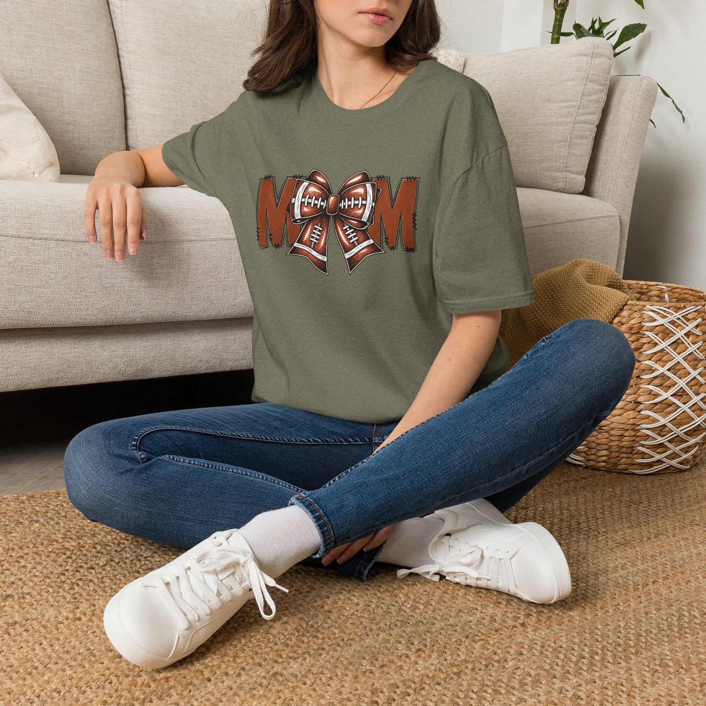 Football Mom T-Shirt — 'MOM' with Football Bow Graphic