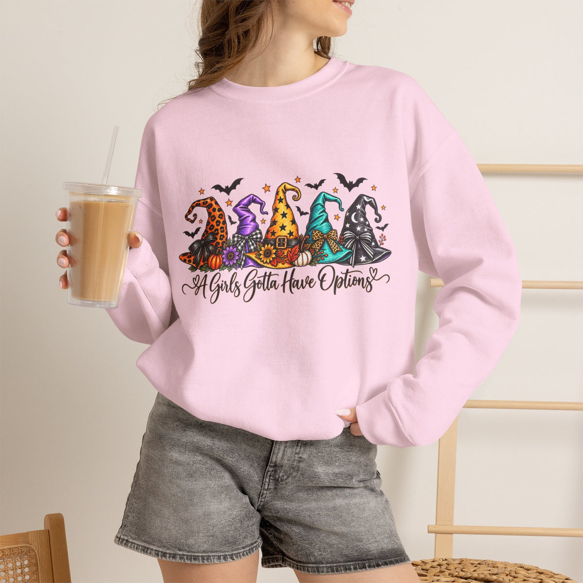 Witch Hat Crewneck Sweatshirt - "A Girls Gotta Have Options" Halloween Pullover