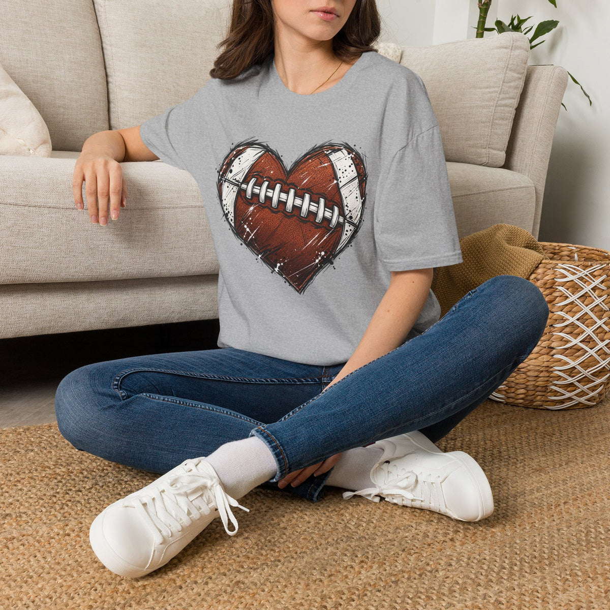 Football Heart Graphic T-Shirt — Vintage Grunge Sports Tee